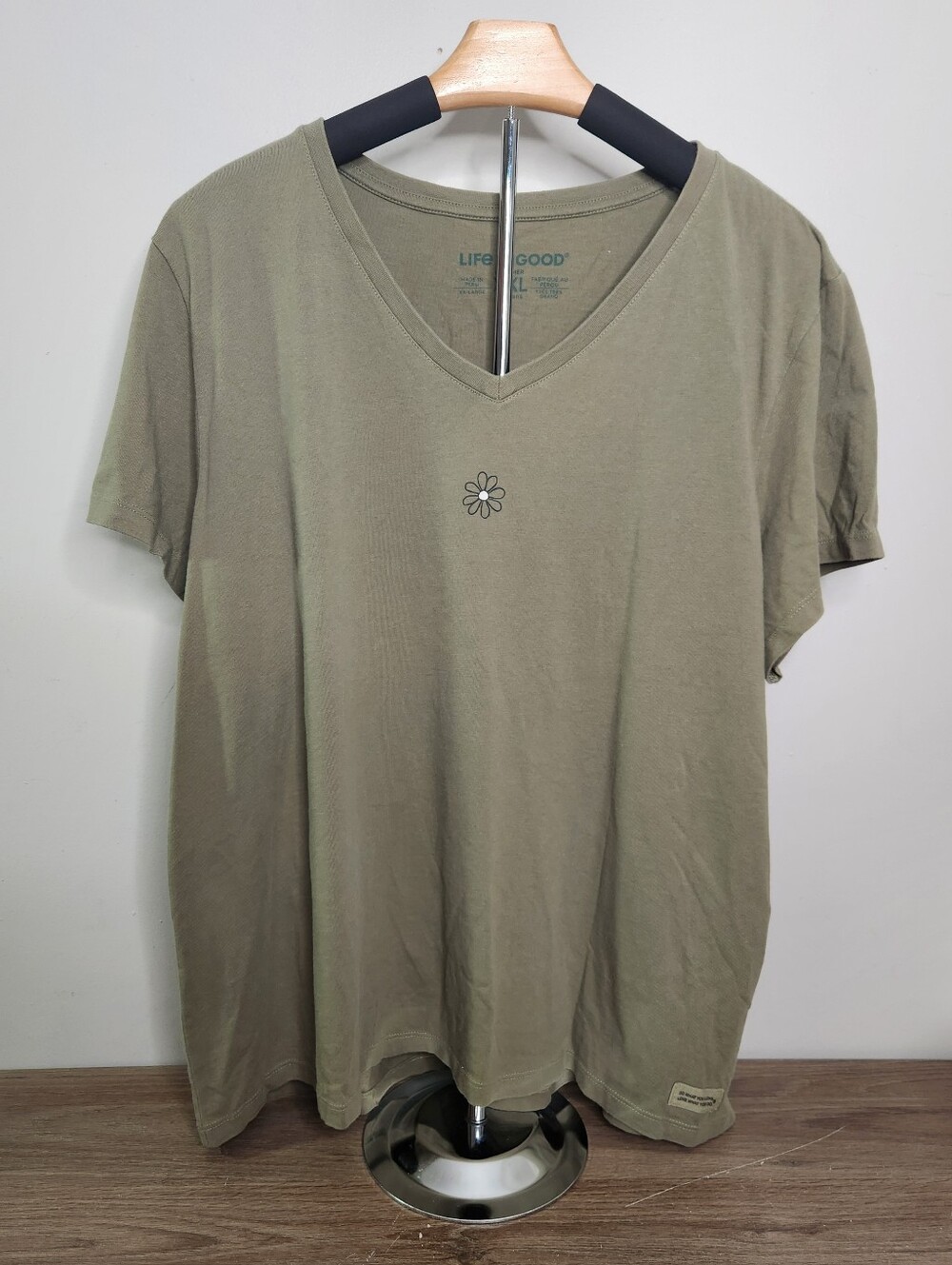 Life Is Good Olive Green Short Sleeve V-Neck Tee with Daisy